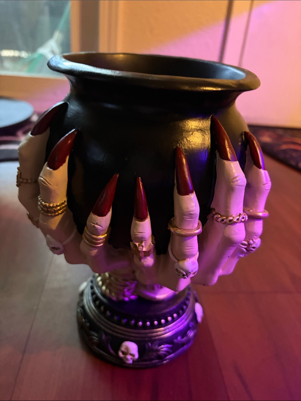Decorative Black Cauldron Vase with White Skeleton Hands